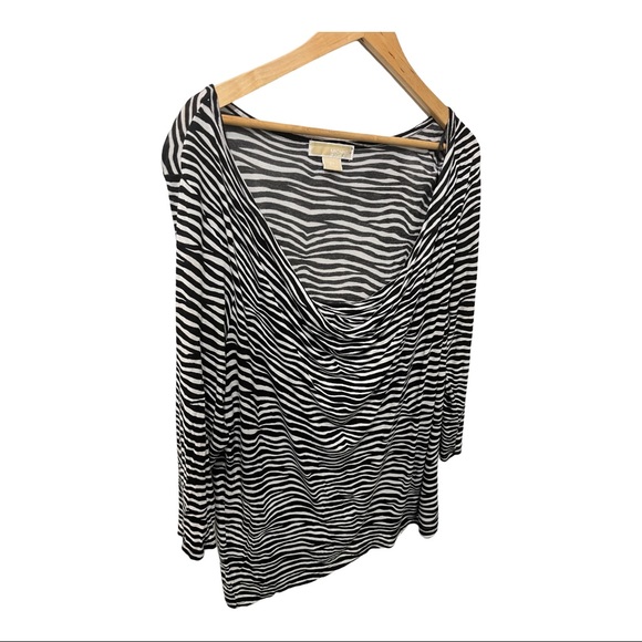 MICHAEL KORS STRIPED BLACK WHITE ZEBRA PRINT DRAPED NECK 3/4 LENGTH TOP SZ 2X - Picture 4 of 8
